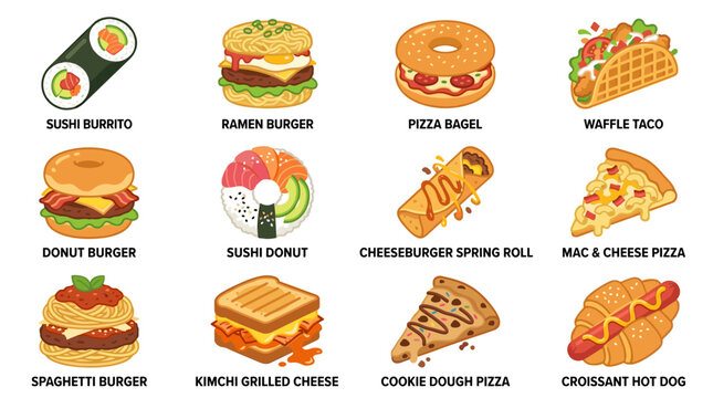 Collection of pixel art food icons, including sushi, burgers, bagels, tacos, pizza, pasta, and hot dogs, ideal for games or app design