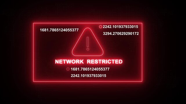 Digital cyber security alert featuring a glowing red warning sign and network restricted text overlay with rapidly changing data streams and numerical code sequences on a dark background, for tech
