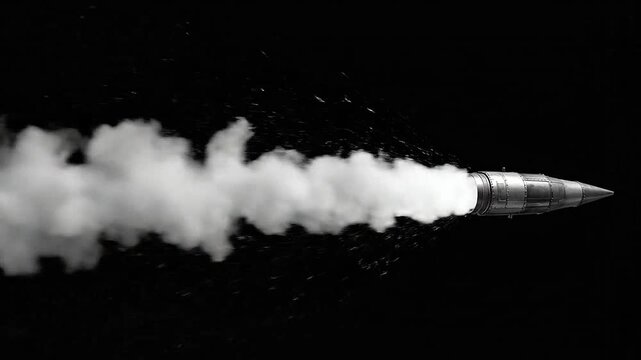 A metallic projectile flying through space with a trail of smoke