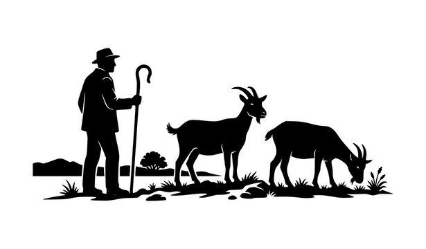 Traditional Shepherd with Staff Watching Over Grazing Goats Silhouette Vector Design for Pastoral Farming, Rural Agriculture, and Countryside Landscape Graphics