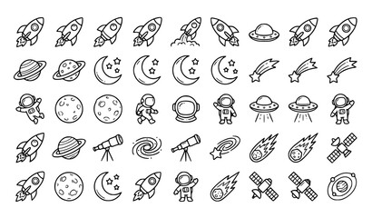 Hand Drawn Space Exploration Line Art Icon Set with Rocket Ship Astronaut Planets Telescope UFO Comet Satellite and Star Doodles © MdGohurul