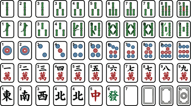 Mahjong Tile Set Featuring Bamboo, Circles, Characters, Winds, and Dragons for Traditional Chinese Board Game and Digital Application Design