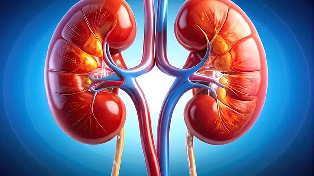 A detailed medical illustration of human kidneys and blood vessels