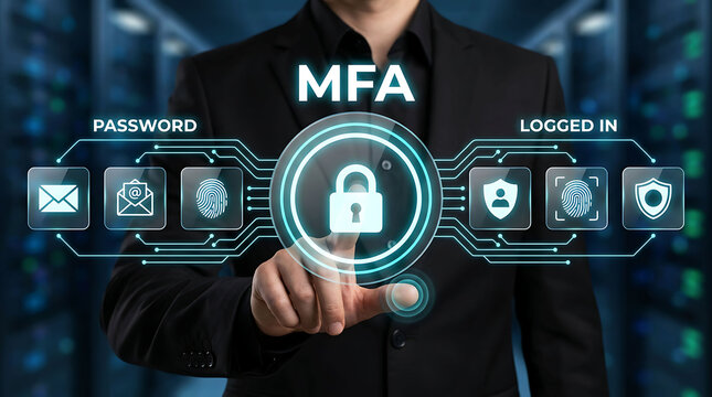 Businessman pointing at MFA multi factor authentication icon for server security