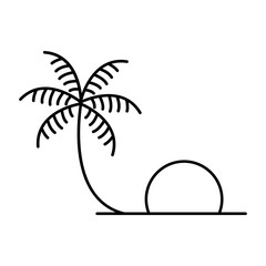 Logo agencia de viajes. Vacaciones de verano. Dibujo minimalista con líneas de un paisaje tropical con una palmera y el sol asomando por el horizonte  © teracreonte