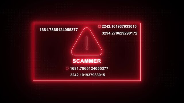Cyber security warning alert featuring a glowing red neon scammer notification symbol with rapidly changing digital data streams and mathematical code sequences for online fraud protection and tech