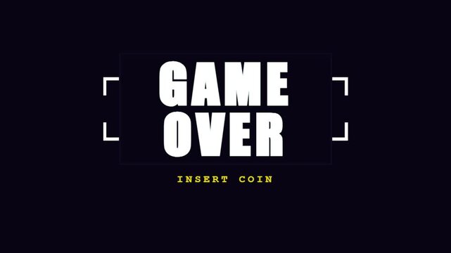 Retro Arcade Game Over Screen with Pixel Art Skull and Insert Coin Text Featuring Vintage Scanlines and Glowing White Typography on a Dark Grid Background Loop Footage