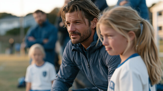 Youth soccer coach crouching at the sideline instructing a tearful eight-year-old girl who made an error, her father watching from the parent zone with a clenched expression that