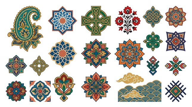 Set of ornate paisley and geometric mandala pattern stickers