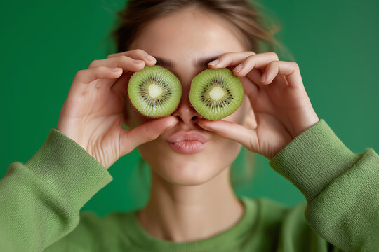 Young woman holds two kiwi slices over her eyes against a green background. Playful fresh wellness image evoking health, vegan diet, Earth Day, World Health Day, St. Patrick's Day.