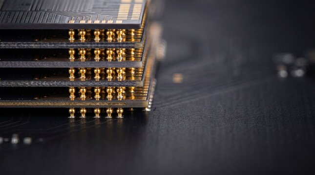 Extreme macro shot of gold plated ball grid array BGA pins stacked on electronic circuit boards