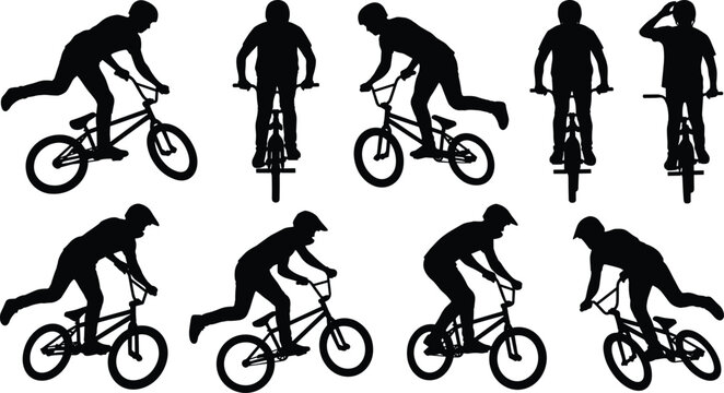 Set of BMX rider silhouettes performing extreme stunts and riding bicycles isolated on a white background