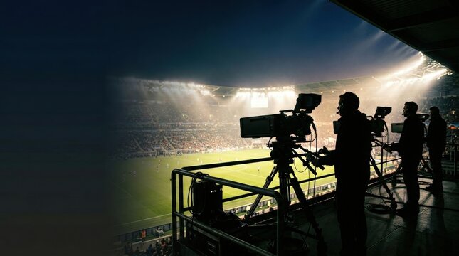 Broadcast camera crew filming live sports event in stadium at night