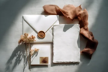 Elegant handmade wedding invitation suite laid out with envelope, wax seal, ribbon and dried blooms. Romantic stationery and celebration themes - wedding, romance, Valentine's Day, anniversary. © Magryt