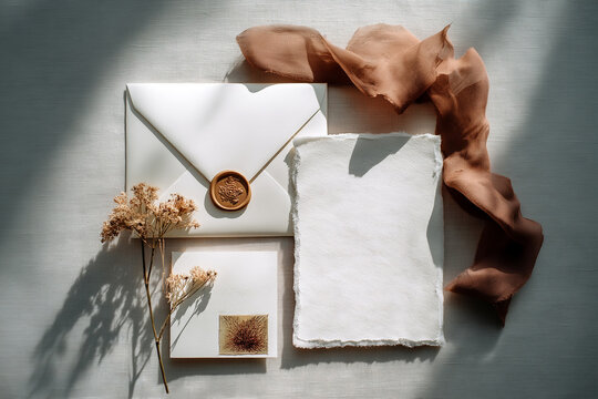 Elegant handmade wedding invitation suite laid out with envelope, wax seal, ribbon and dried blooms. Romantic stationery and celebration themes - wedding, romance, Valentine's Day, anniversary.