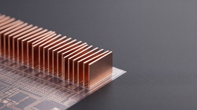 Macro view of parallel copper cooling fins running diagonally on a modern microchip board over dark background