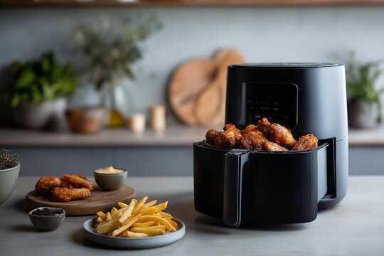 Crispy chicken wings and French fries arranged in an open air fryer basket on a kitchen counter. Comfort-food, game-day and party food themes; easy weeknight dinner and casual gathering inspiration.