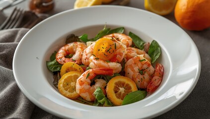 Fototapeta premium Savory shrimp and citrus salad accompanied by vibrant green leaves on a white plate