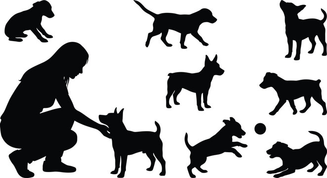 Set of dog silhouettes and a woman interacting with a puppy isolated on a white background