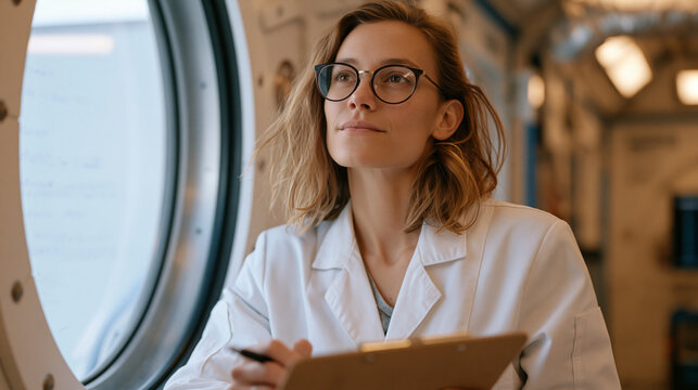 Aerospace medicine nurse monitoring long-duration isolation study participant through observation window, recording cardiovascular variability and sleep quality metrics while