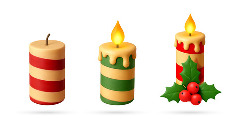 Set of 3d candle for Christmas. Festive candle with flame and holly berry decoration. Holiday winter decor element for greeting card and seasonal celebration design icon collection. © absent84