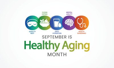 Obraz premium Healthy Aging Month illustration promoting senior wellness, active lifestyle, healthcare support, and positive aging for awareness campaigns. Vector