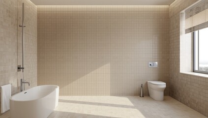 Fototapeta premium Refined bathroom interior clad in beige tiles with clear copy space for messaging
