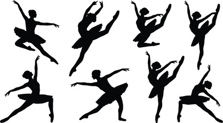 Set of elegant ballerina silhouettes dancing in different graceful poses isolated on a white background © MDNAHIN