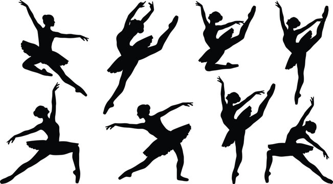 Set of elegant ballerina silhouettes dancing in different graceful poses isolated on a white background