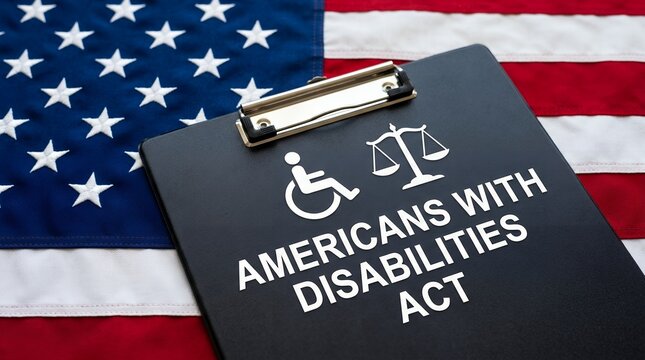 A clipboard with the text AMERICANS WITH DISABILITIES ACT and symbols of a person in a wheelchair and scales of justice rests on the US flag ada disability law equality civil rights