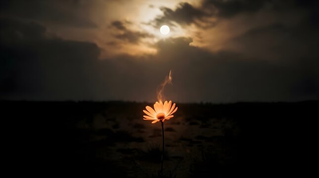 Surreal cinematic scene of a single glowing flower emitting a wisp of smoke under a dramatic moonlit sky