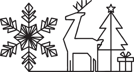 Outline illustration of a reindeer standing next to a christmas tree and a large snowflake a gift box in the foreground symbolizing winter holidays winter holiday black and white © JAHANARA