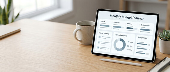 Obraz premium Tablet displaying modern budgeting dashboard with savings goals, income tracking, expense management, and financial planning tools in clean fintech workspace environment.