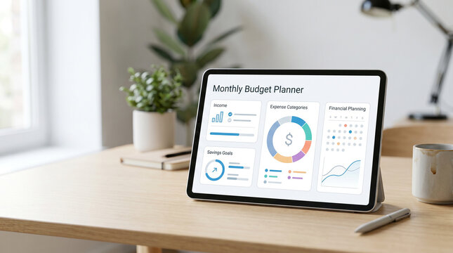 Tablet displaying modern budgeting dashboard with savings goals, income tracking, expense management, and financial planning tools in clean fintech workspace environment.