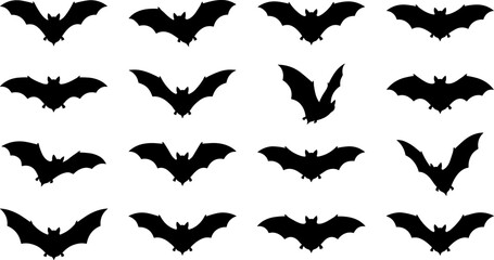 Fototapeta premium Flying Bat Silhouettes Collection Halloween Nocturnal Wildlife Black and White Vector Illustration Set