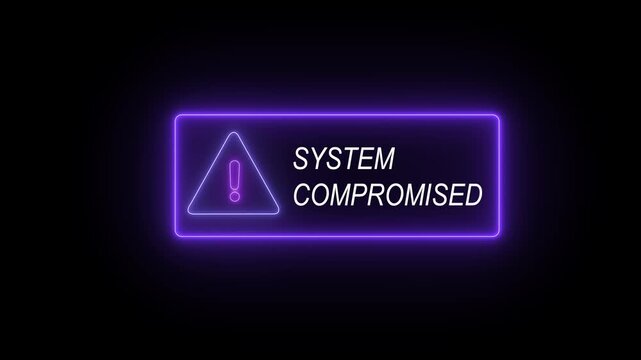 Neon purple system compromised warning sign animation featuring a glowing digital alert and cyber security threat notification text for data breach, hacking, and information technology security