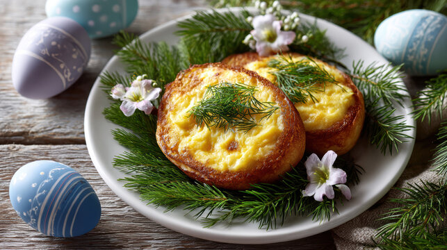 Baked egg nests on toasted rounds with dill and spring greens surrounded by decorated easter eggs for menu and holiday table