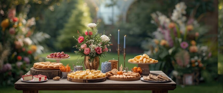 Cheese and snack platter with flowers at outdoor gathering