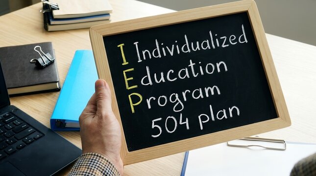 A hand holds a chalkboard displaying Individualized Education Program and 504 plan with a laptop and binders nearby IEP learning special education student child school classroom
