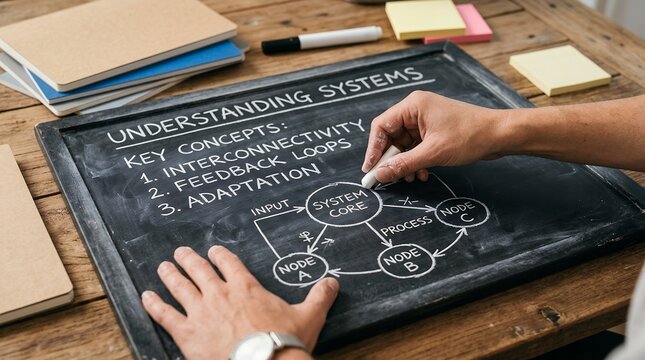 Person's hands drawing a systems diagram on a blackboard explaining interconnectivity and adaptation with chalk learning education concept business strategy teamwork process