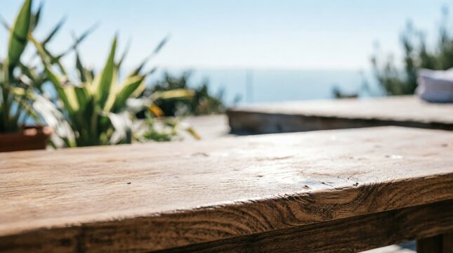 Wooden Table Top with Ocean View Background for Web Design