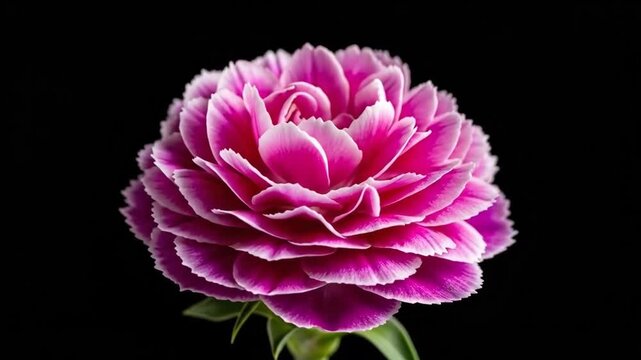Vibrant pink carnation flower blooming isolated against a solid black background