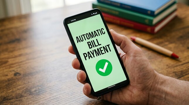 Hand holding smartphone displaying automatic bill payment with a green checkmark near books and a pen on a wooden desk mobile app finance technology digital online financial