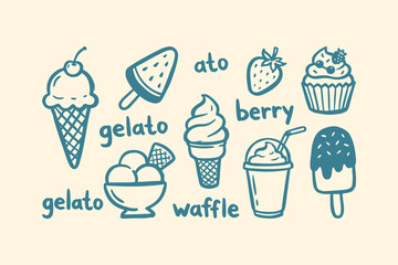 Set of cute hand drawn ice cream gelato and sweet dessert icons with summer treats and food doodles Vector, illustration © Foysal