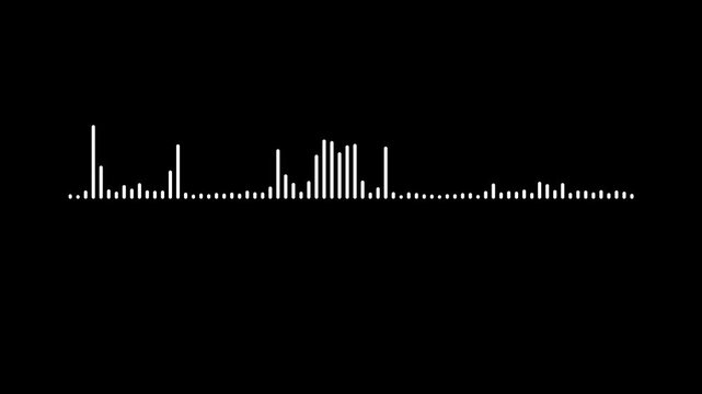 Abstract audio waveform visualizer with white frequency spectrum lines and reactive sound equalizer animation isolated on black screen background for podcast and music overlay in 4k.