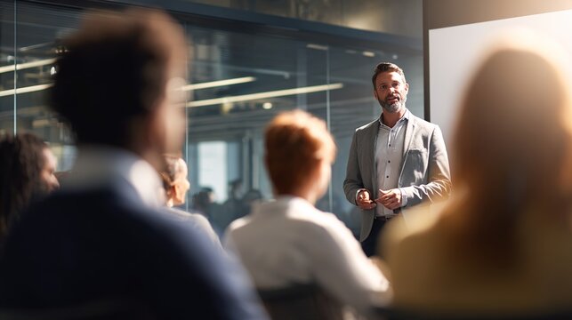 boardroom. Business professional presenting to a small audience in a modern conference setting. pitch deck slides, case study pages, designed for enterprise HRIS and productivity software interfaces.