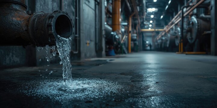 Water flowing from a rusty pipe on industrial floor