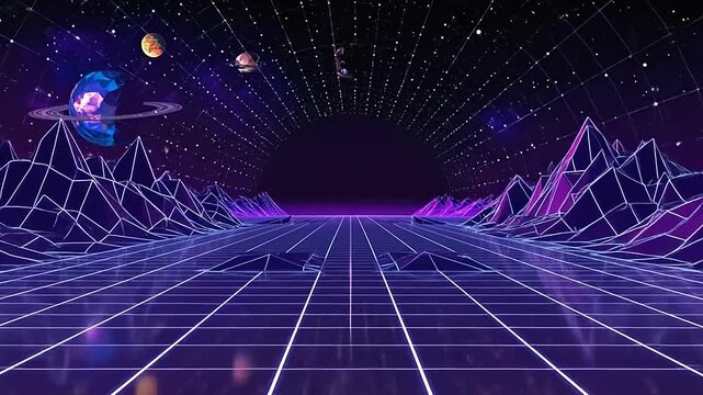 A digital landscape featuring glowing planets in a dark space