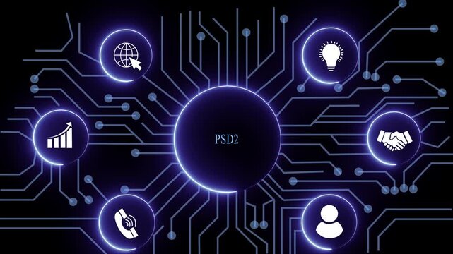 psd2 concept with circuit lines and digital symbols hovering above a businessman, technology. manufacturing process management all connected in a digital circle like pattern.