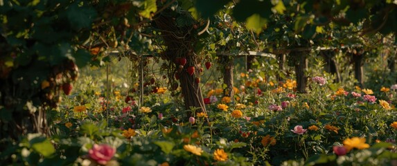 Fototapeta premium Lush garden view showing vining plants bearing ripe edible fruits and vibrant blooms